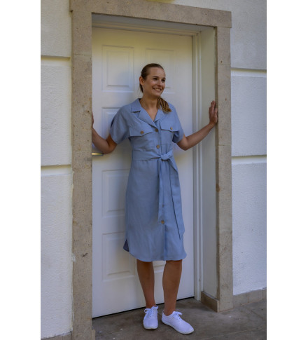 Sukienka Emocje tencel z lnem, niebieska (krótki rękaw)